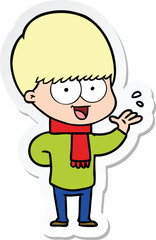 sticker of a happy cartoon boy waving