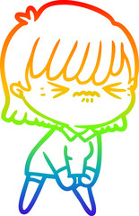 rainbow gradient line drawing of a annoyed cartoon girl