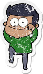 distressed sticker of a cartoon happy man