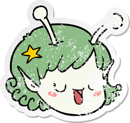 distressed sticker of a cartoon alien space girl face