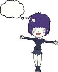 cartoon happy vampire girl with thought bubble
