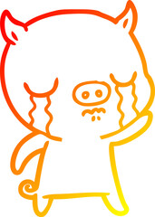 warm gradient line drawing of a cartoon pig crying waving goodbye