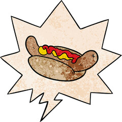 cartoon fresh tasty hot dog with speech bubble in retro texture style