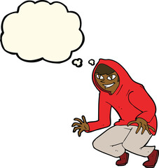 Naklejka premium cartoon mischievous boy in hooded top with thought bubble