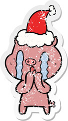 crying pig hand drawn distressed sticker cartoon of a wearing santa hat