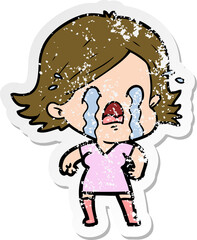 distressed sticker of a cartoon woman crying