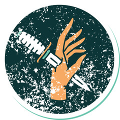 iconic distressed sticker tattoo style image of a dagger in the hand