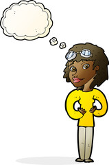 cartoon aviator woman with thought bubble