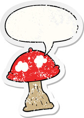 cartoon mushroom with speech bubble distressed distressed old sticker