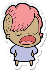 sticker of a cartoon cool hipster girl talking