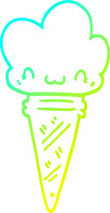 cold gradient line drawing of a cartoon ice cream with face