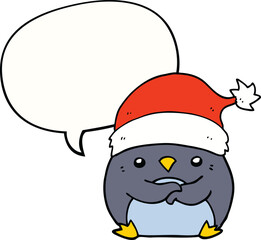 cute cartoon penguin wearing christmas hat with speech bubble