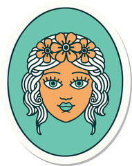 sticker of tattoo in traditional style of a maiden with crown of flowers