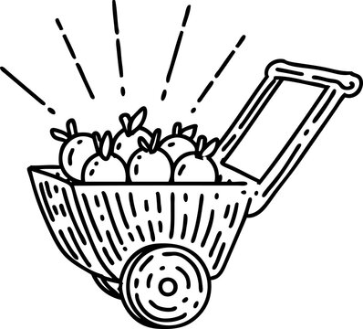 recommend clip art: illustration of a traditional black line work tattoo style wagon of apples