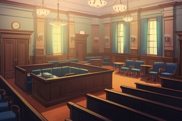 View inside a legal proceedings room where jurors, judge, and parties involved are situated. Generative AI