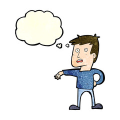 cartoon man making camp gesture with thought bubble