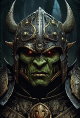 A close up of an orc wearing a helmet.