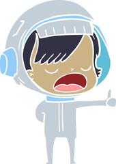 flat color style cartoon astronaut woman explaining