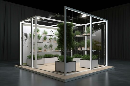 A virtual exhibition displaying a 3D booth and plants inside. Promotes product display. Generative AI