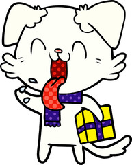 cartoon panting dog with present