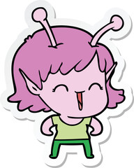 sticker of a cartoon alien girl laughing