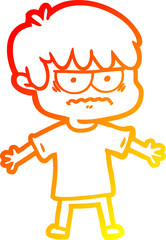 warm gradient line drawing of a annoyed cartoon boy