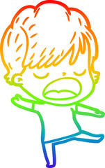 rainbow gradient line drawing of a cartoon woman talking