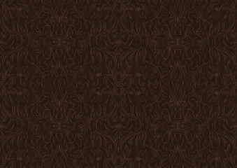 Hand-drawn unique abstract symmetrical seamless ornament. Light semi transparent brown on a dark brown background. Paper texture. Digital artwork, A4. (pattern: p11-1b)