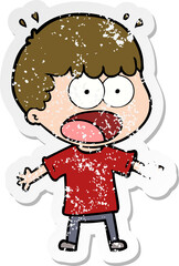 distressed sticker of a cartoon shocked man