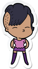 sticker of a cartoon squinting girl