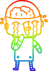 rainbow gradient line drawing of a cartoon crying robot
