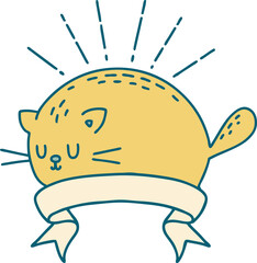 scroll banner with tattoo style happy cat