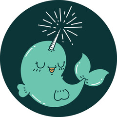 icon of a tattoo style happy narwhal © lineartestpilot