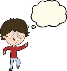 cartoon happy pointing man with thought bubble