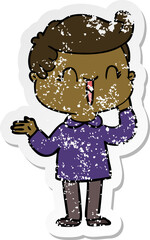 distressed sticker of a cartoon laughing boy
