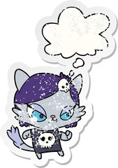 cartoon tough cat girl with thought bubble as a distressed worn sticker