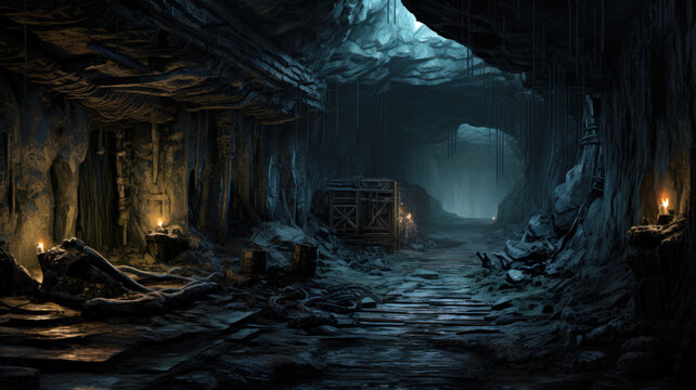 Abandoned mine tunnel, dark historical underground passage, coal ore theme