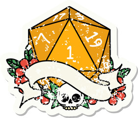 grunge sticker of a natural one d20 dice roll
