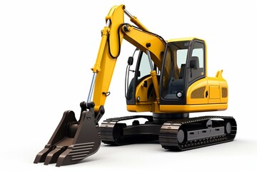3D illustration of an excavator on a plain white background, resembling a backhoe loader. Generative AI