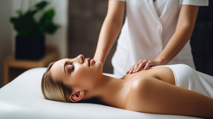 Obraz premium Generative AI, young woman lies on a massage table for a spa procedure in a beauty salon, rejuvenation, massage therapist, skin care, hands, harmony, face, hydration, oils, women's health, female