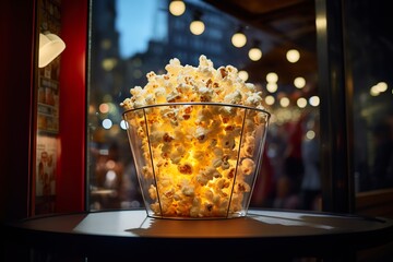 Delicious cheesy popcorn in paper bucket with blurred lights on background