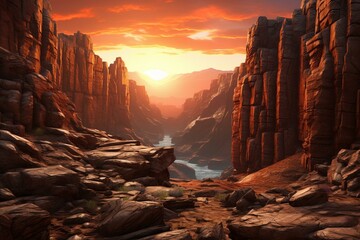 sunset in a rugged canyon with the sun shining over the rocky landscape. Generative AI