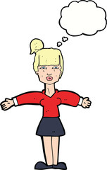 cartoon woman shrugging shoulders with thought bubble