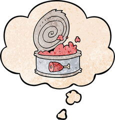 cartoon canned food with thought bubble in grunge texture style