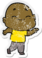 distressed sticker of a cartoon happy bald man