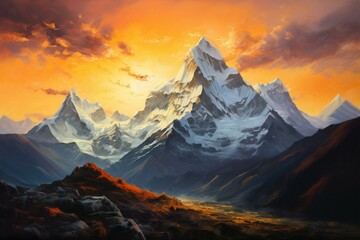 Sunset painting of Himalayan mountain range glowing in warm light. Generative AI - obrazy, fototapety, plakaty