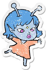 distressed sticker of a pretty cartoon alien girl
