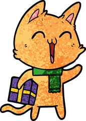 happy cartoon cat with christmas gift