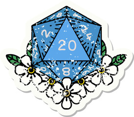 grunge sticker of a natural 20 D20 dice roll with floral elements