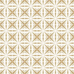 Abstract geometric seamless pattern. Modern gold and white ornament with lines, diamonds, stars, grid, lattice, net, repeat tiles. Simple golden geo texture. Elegant geometrical background design